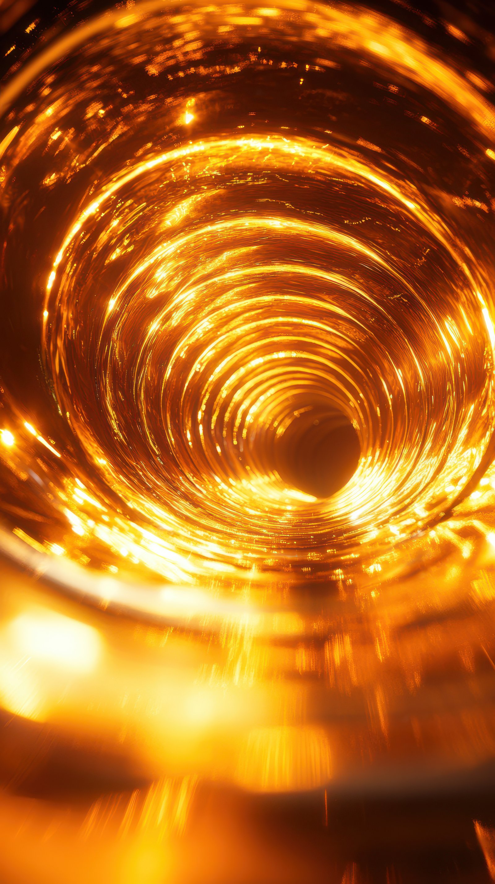 Captivating view of a swirling golden vortex showcasing mesmerizing light patterns and depth in a creative composition
